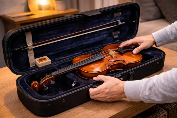 Como guardar violino dentro de casa sem pressionar o arco e danificar o instrumento